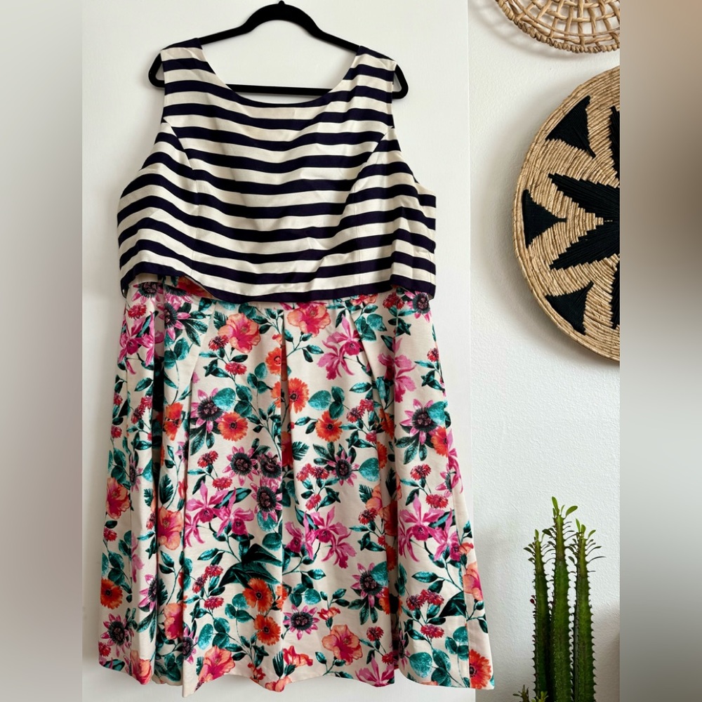 Knee Length faux two piece navy stripes and floral party dress a PLUS SIZE 20X